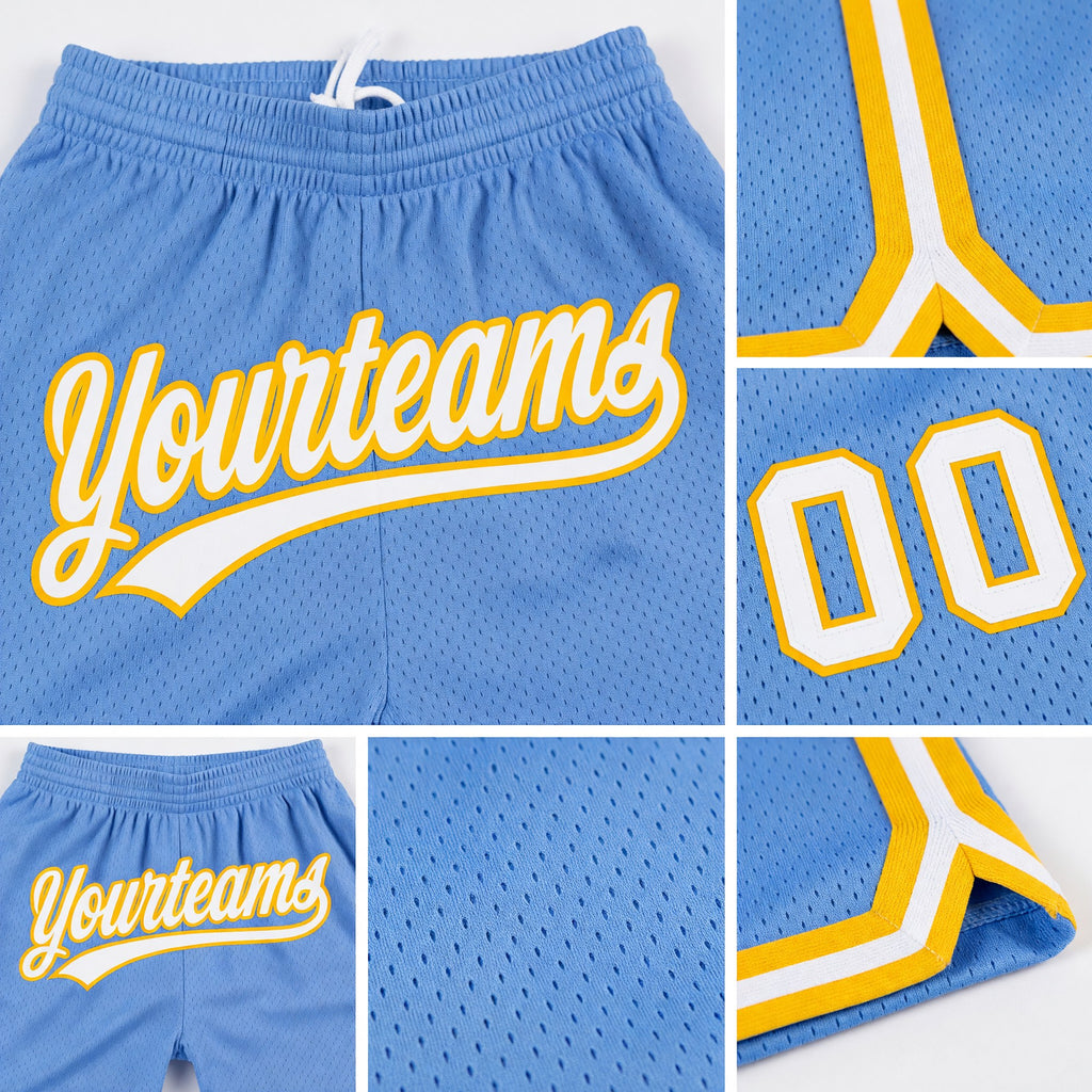 Custom Light Blue White-Gold Authentic Throwback Basketball Shorts detail
