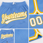 Custom Light Blue White-Gold Authentic Throwback Basketball Shorts detail