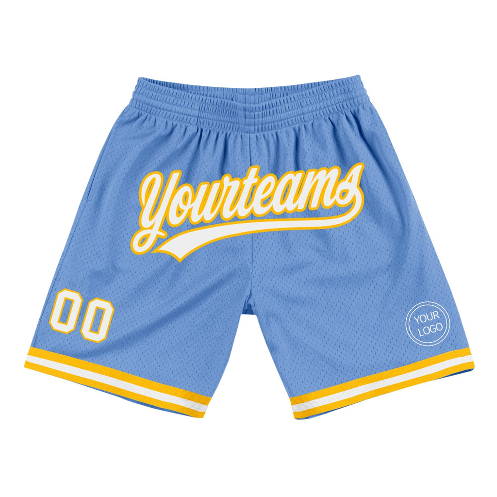 Custom Light Blue White-Gold Authentic Throwback Basketball Shorts photo 1