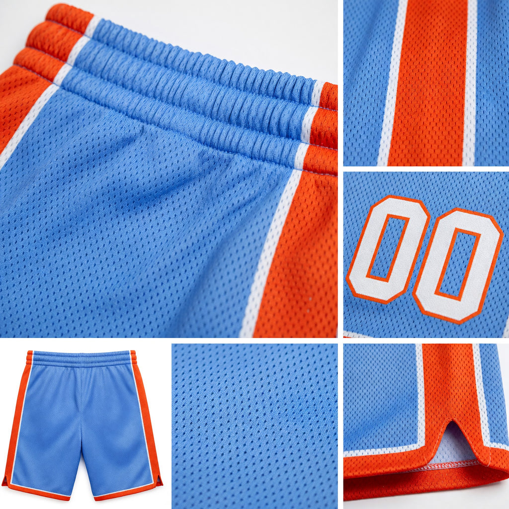 Custom Light Blue White-Orange Authentic Basketball Shorts detail