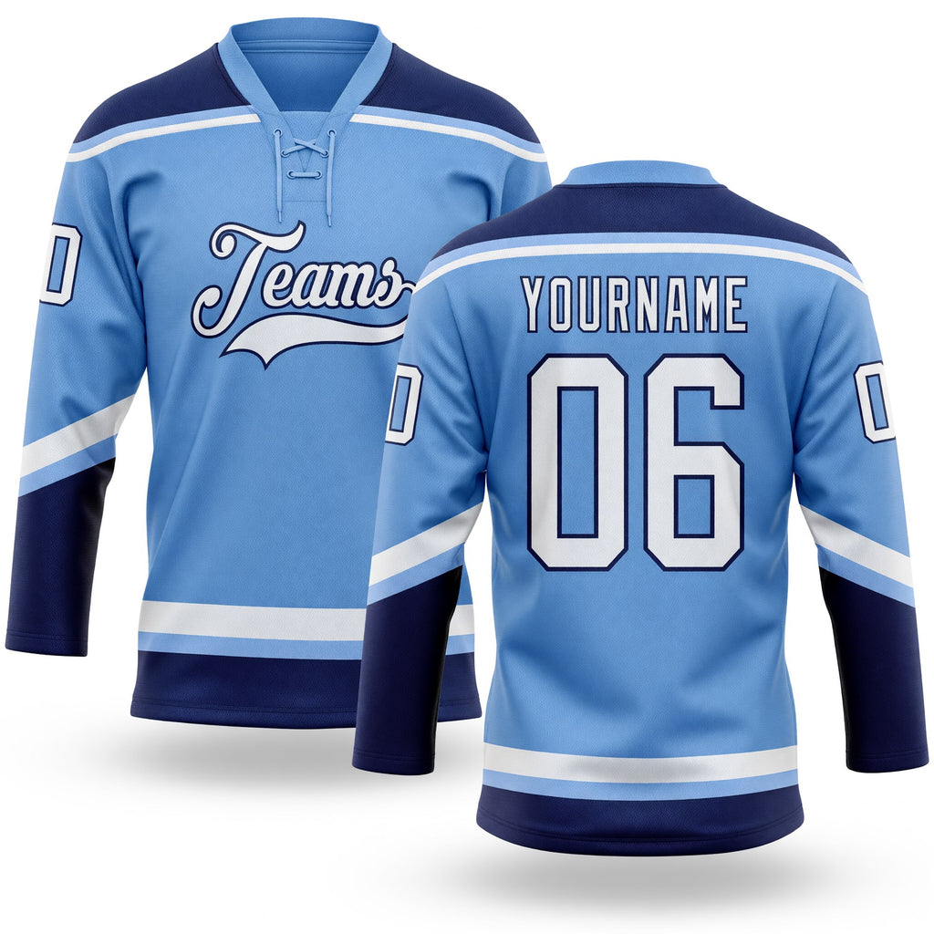 Custom Light Blue White-Navy Hockey Lace Neck Jersey