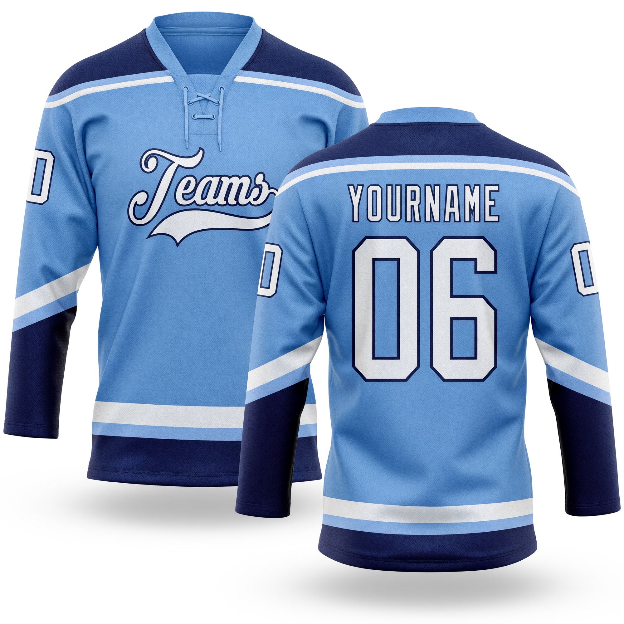 Custom Light Blue White-Navy Hockey Lace Neck Jersey
