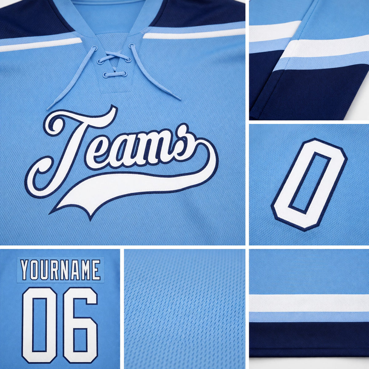Custom Light Blue White-Navy Hockey Lace Neck Jersey detail
