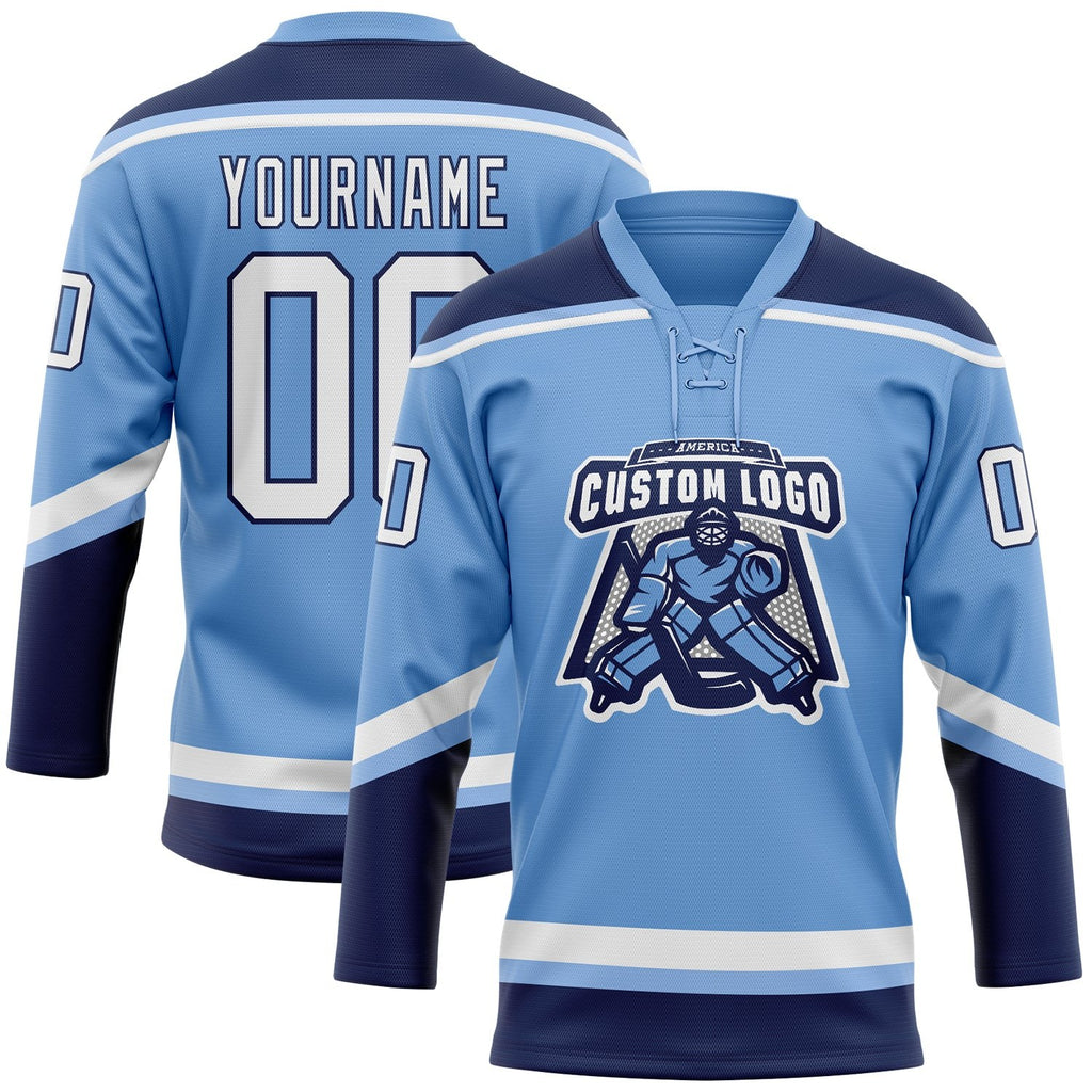 Custom Light Blue White-Navy Hockey Lace Neck Jersey photo 2