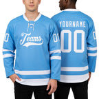 Custom Light Blue White Hockey Lace Neck Jersey worn front and back