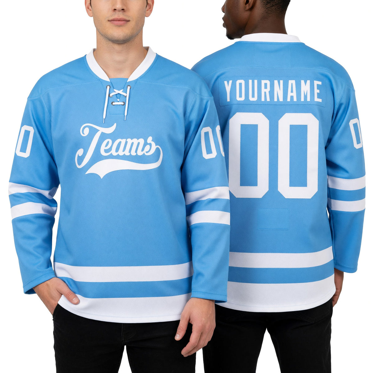 Custom Light Blue White Hockey Lace Neck Jersey worn front and back