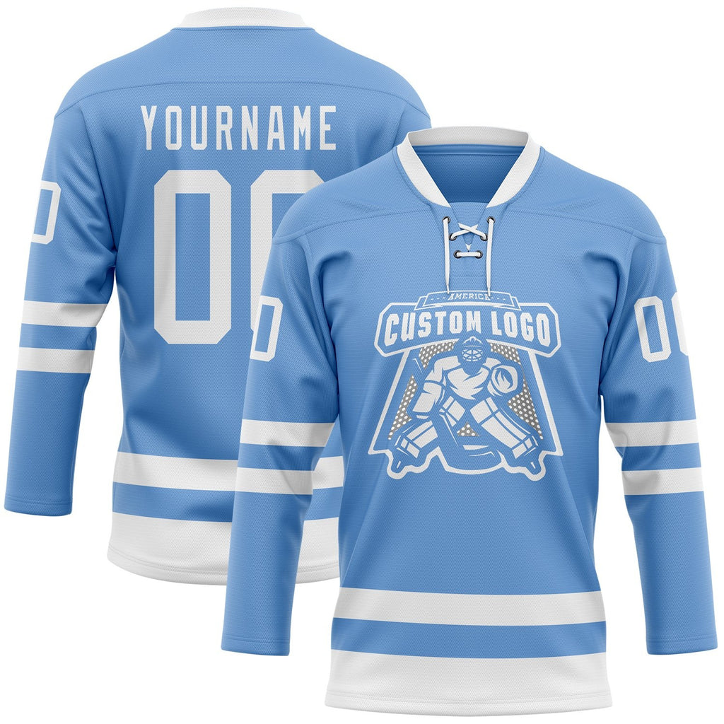 Custom Light Blue White Hockey Lace Neck Jersey photo 2