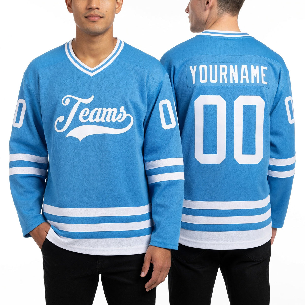 Custom Light Blue White Hockey Jersey worn front and back