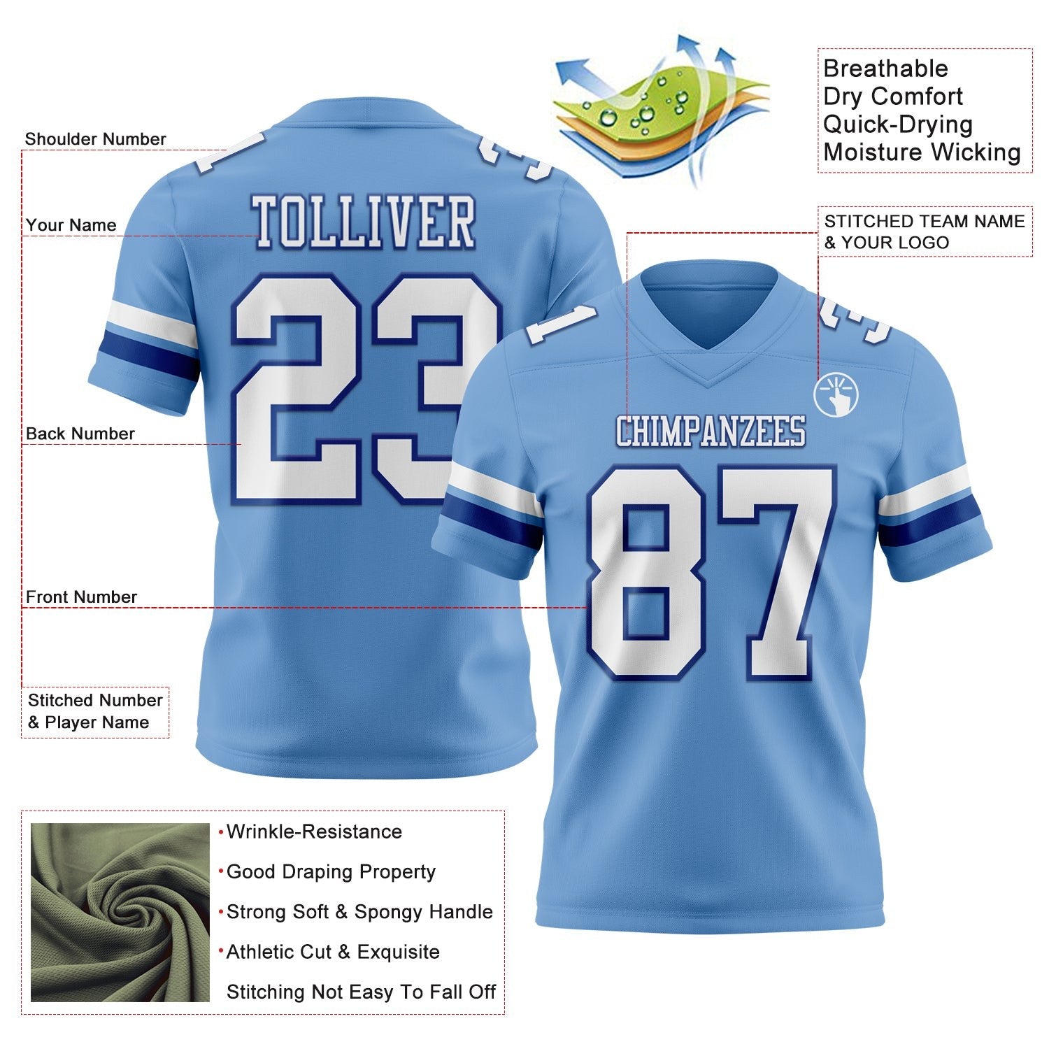 Custom Light Blue White-Royal Authentic Football Jersey photo 3
