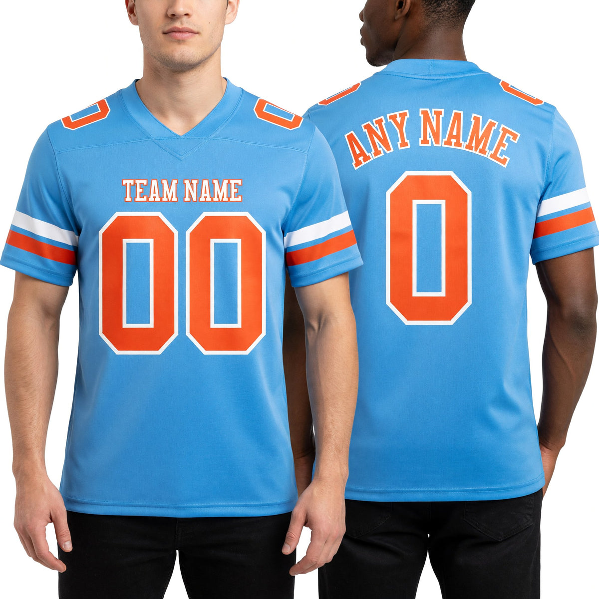Custom Light Blue Orange-White Authentic Football Jersey worn front and back