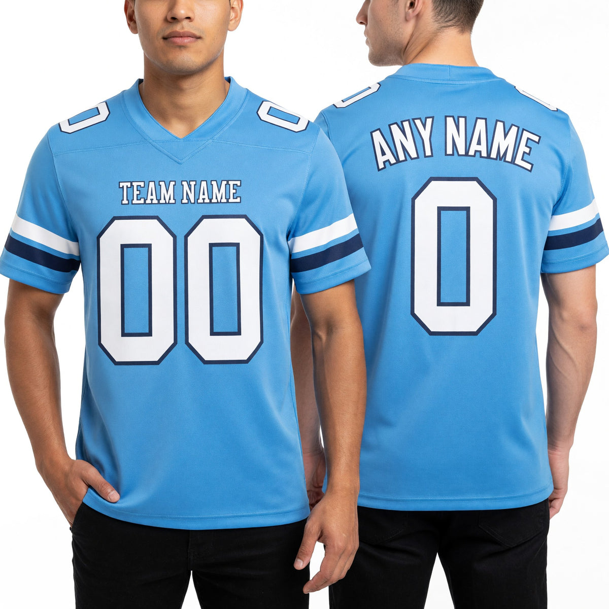 Custom Light Blue White-Navy Authentic Football Jersey worn front and back