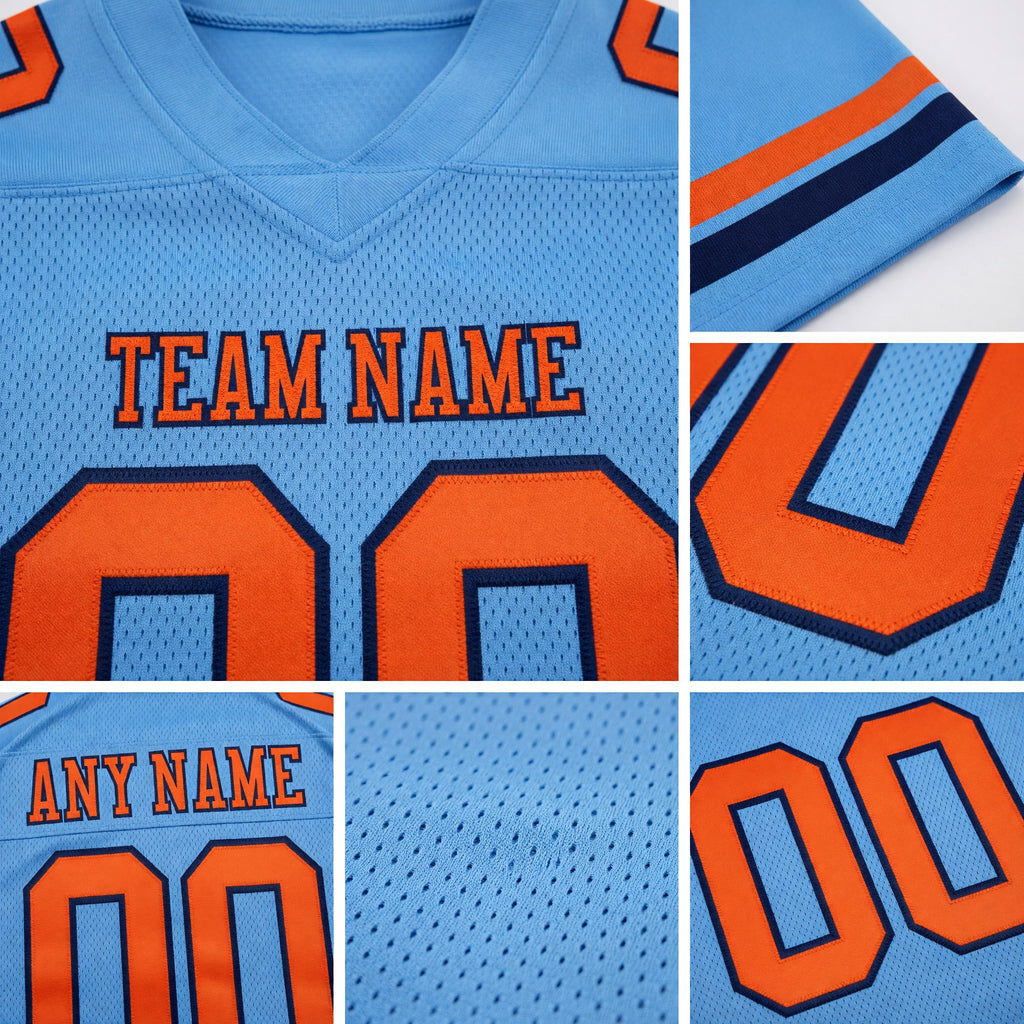 Custom Light Blue Orange-Navy Authentic Football Jersey detail