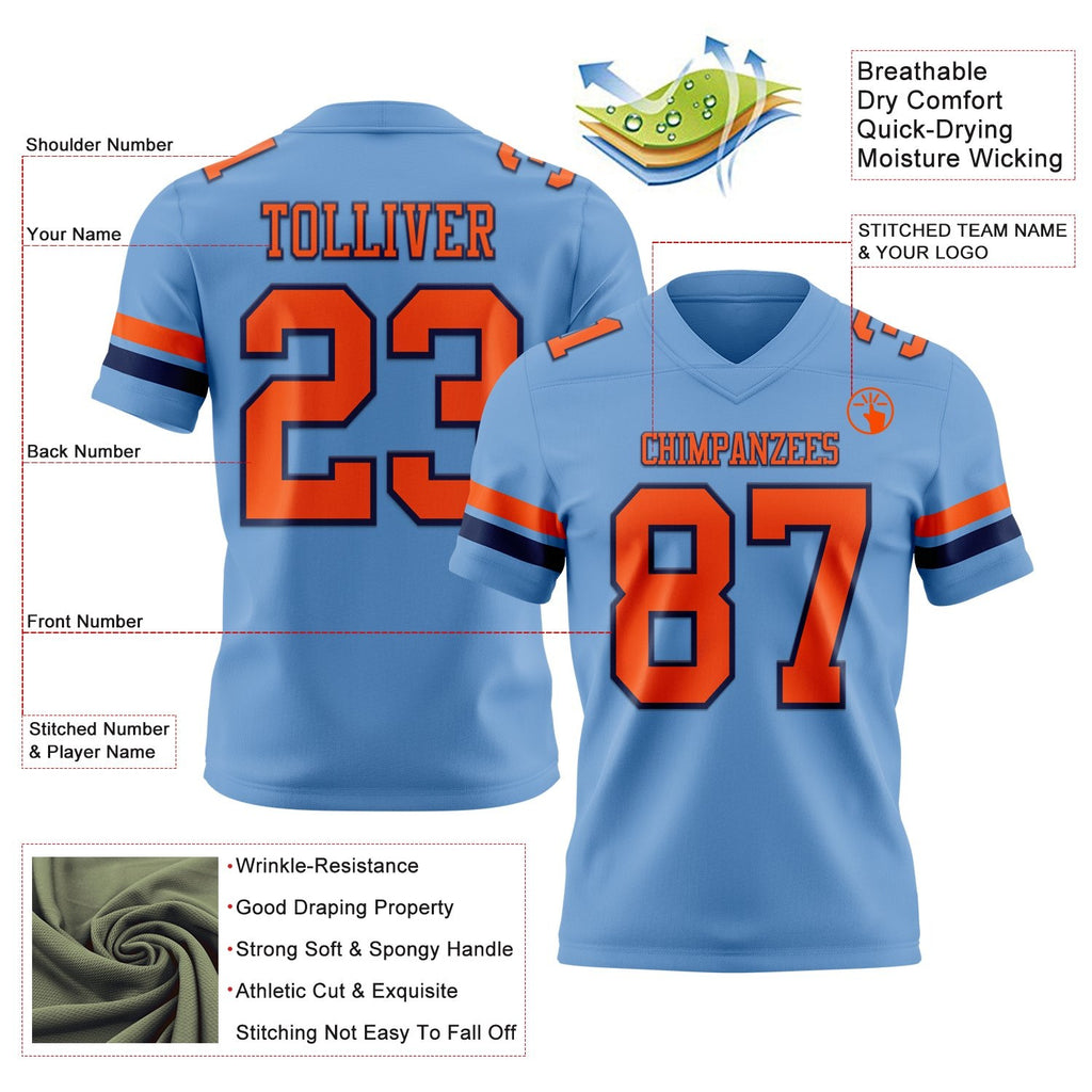 Custom Light Blue Orange-Navy Authentic Football Jersey photo 3