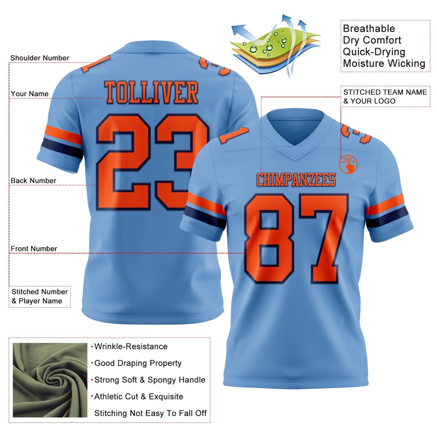 Custom Light Blue Orange-Navy Authentic Football Jersey photo 3
