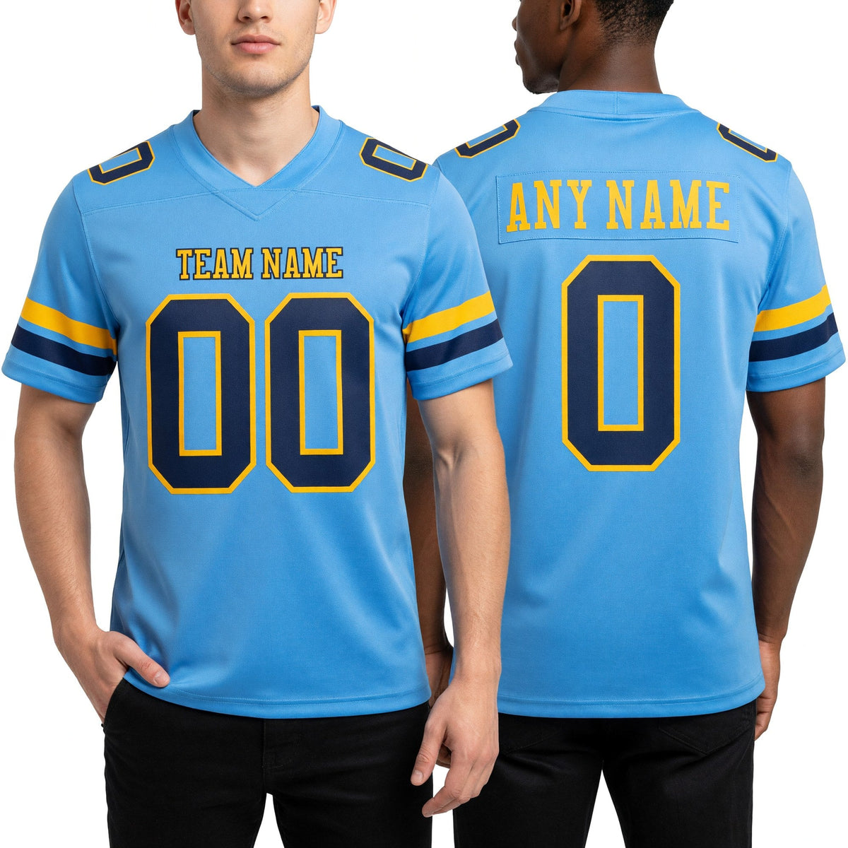 Custom Light Blue Navy-Gold Authentic Football Jersey worn front and back