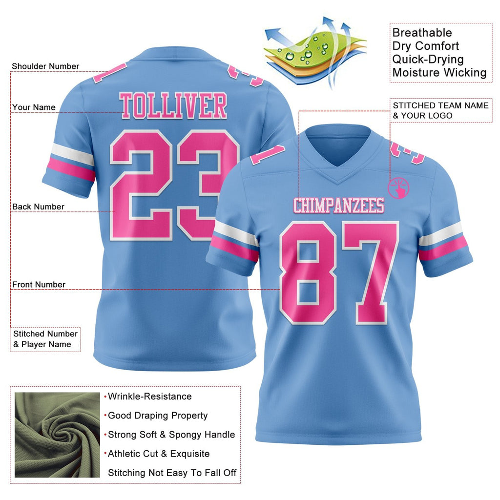 Custom Light Blue Pink-White Authentic Football Jersey photo 3