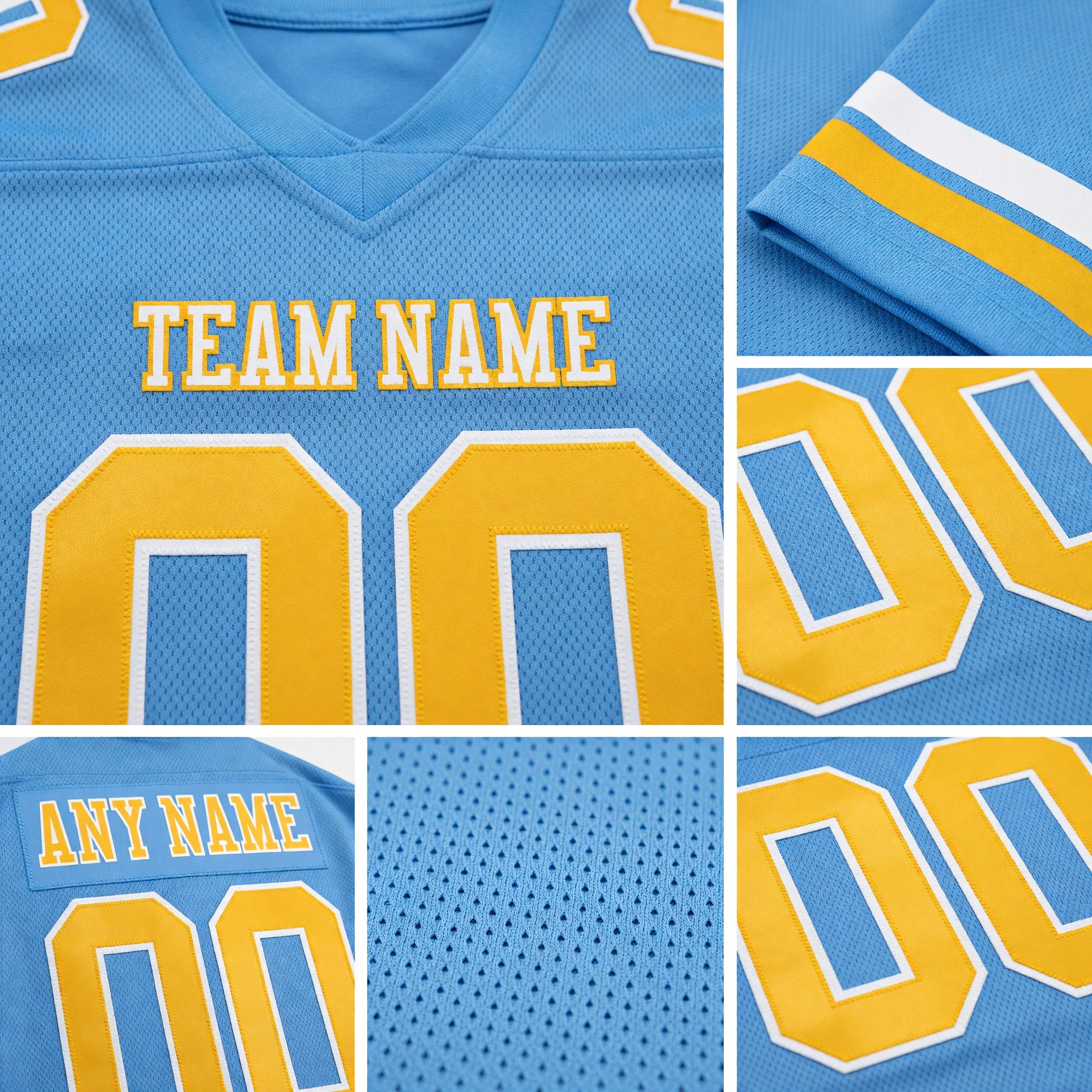 Custom Light Blue Gold-White Authentic Football Jersey detail