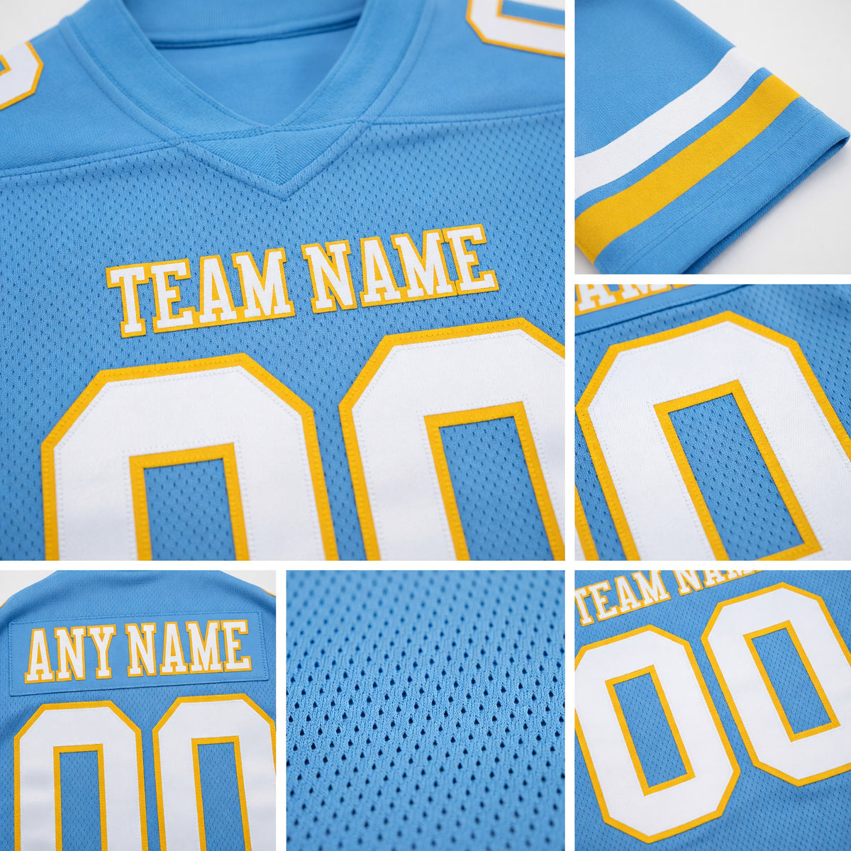 Custom Light Blue White-Gold Authentic Football Jersey detail