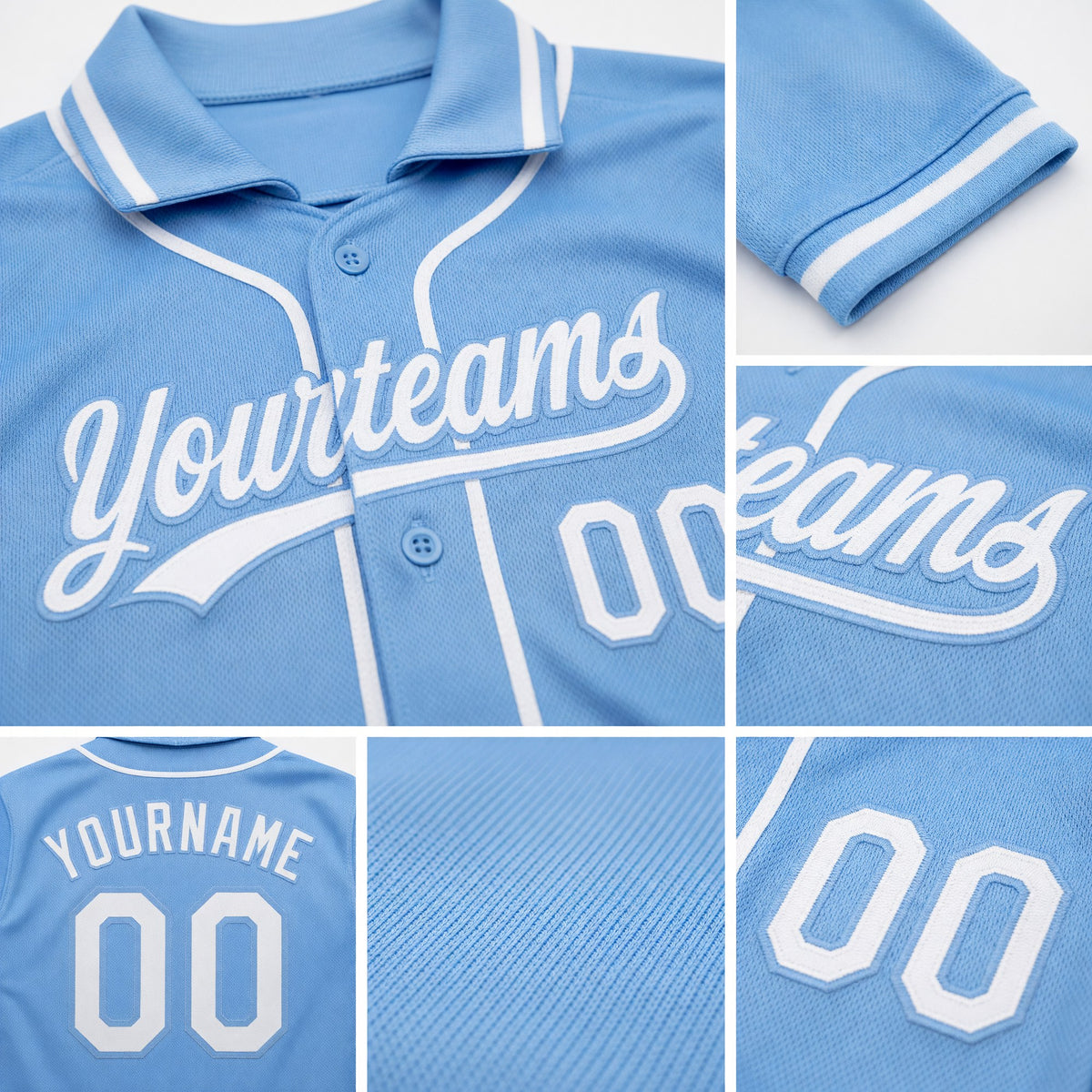 Custom Stitched Light Blue White Baseball Pullover Sweatshirt Hoodie detail