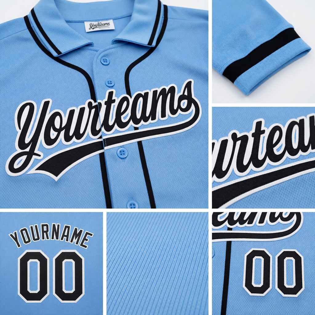 Custom Stitched Light Blue Black-White Baseball Pullover Sweatshirt Hoodie detail