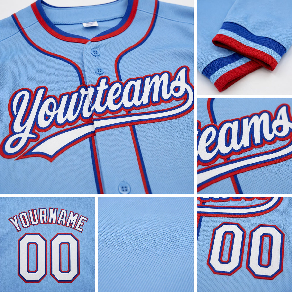 Custom Stitched Light Blue White Royal-Red Baseball Pullover Sweatshirt Hoodie detail