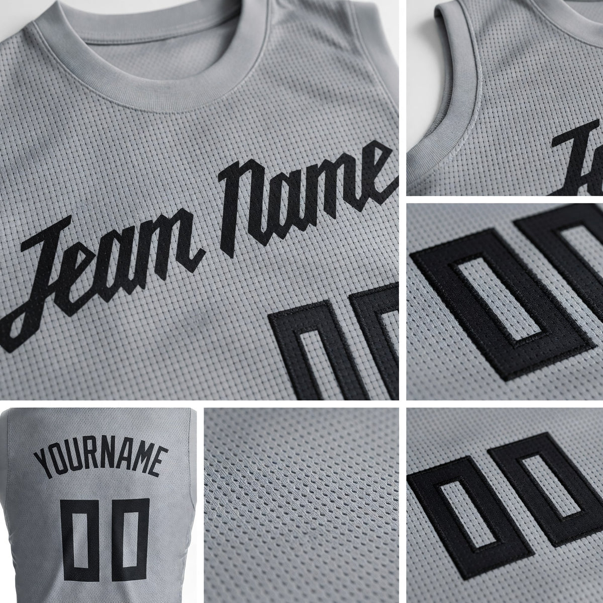 Custom Gray Black Round Neck Basketball Uniform Jersey detail