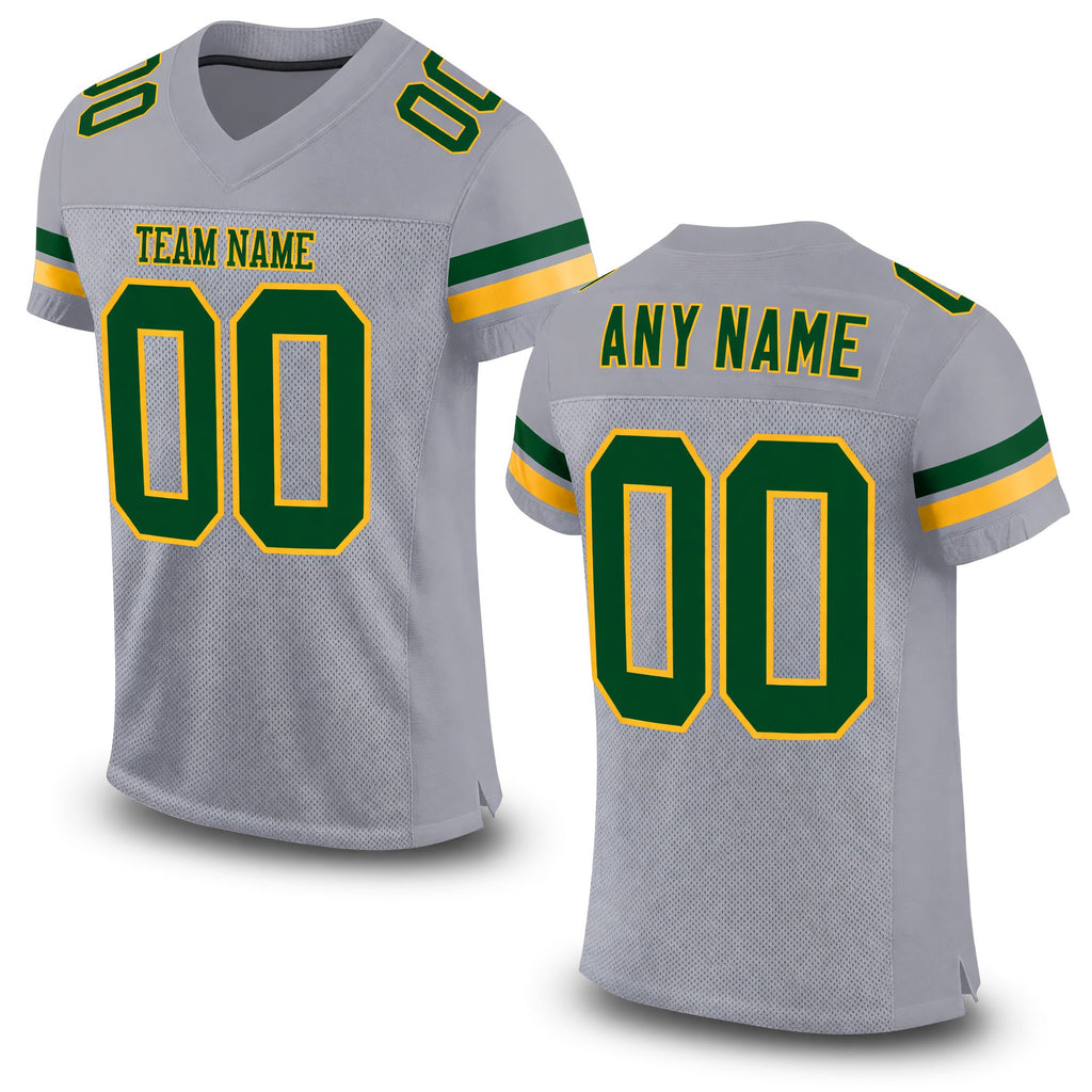 Custom Light Gray Green-Gold Mesh Authentic Football Jersey
