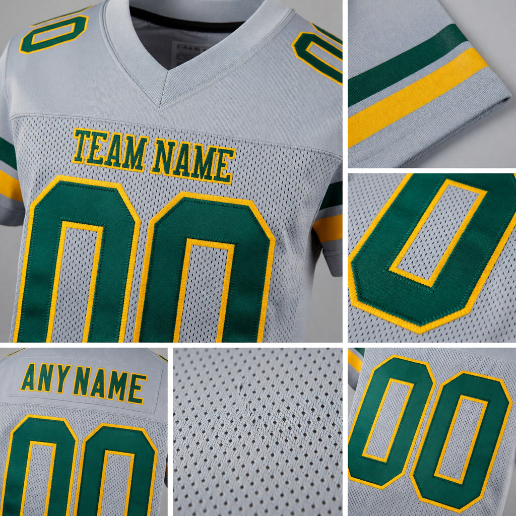 Custom Light Gray Green-Gold Mesh Authentic Football Jersey detail