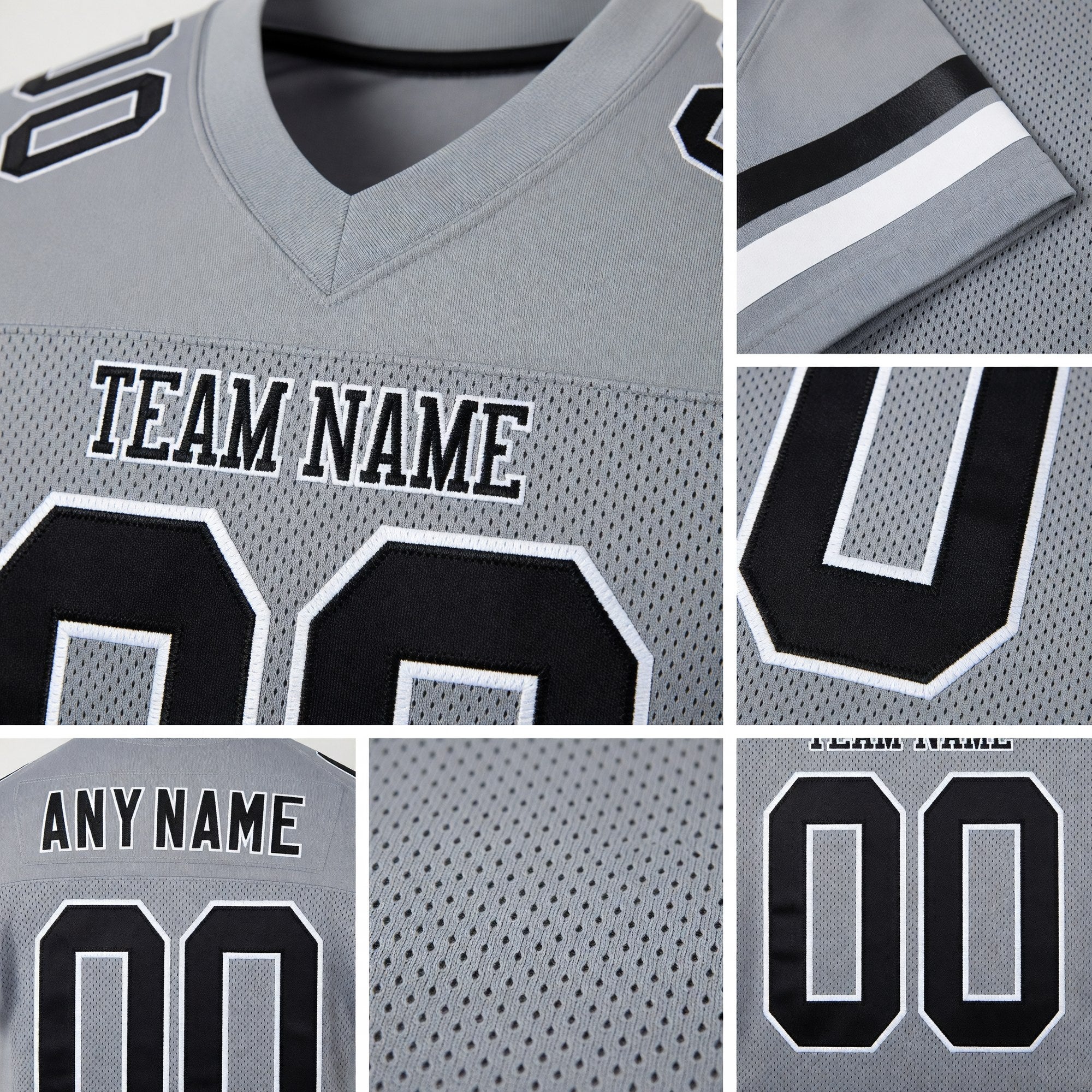 Custom Light Gray Black-White Mesh Authentic Football Jersey detail