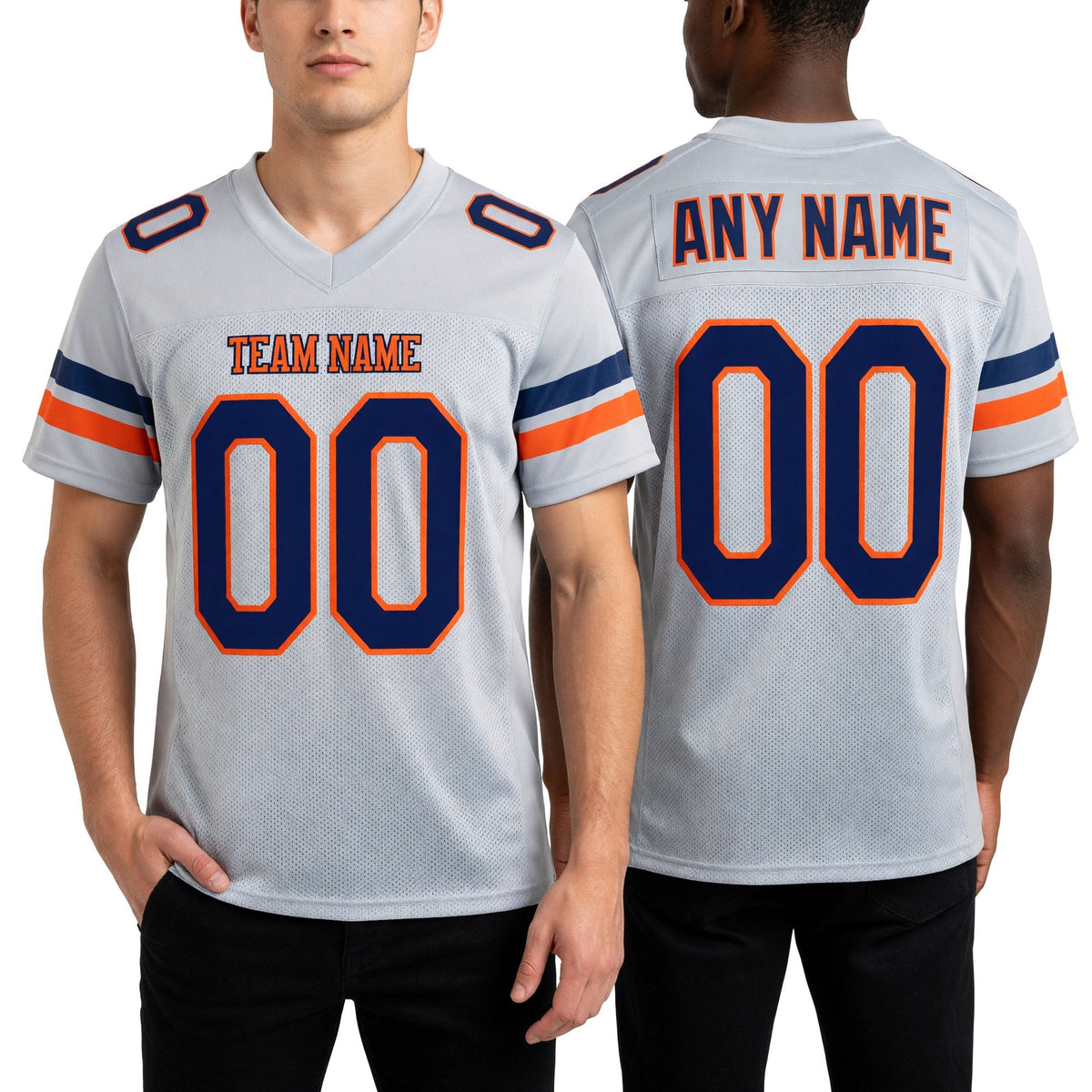 Custom Light Gray Navy-Orange Mesh Authentic Football Jersey worn front and back