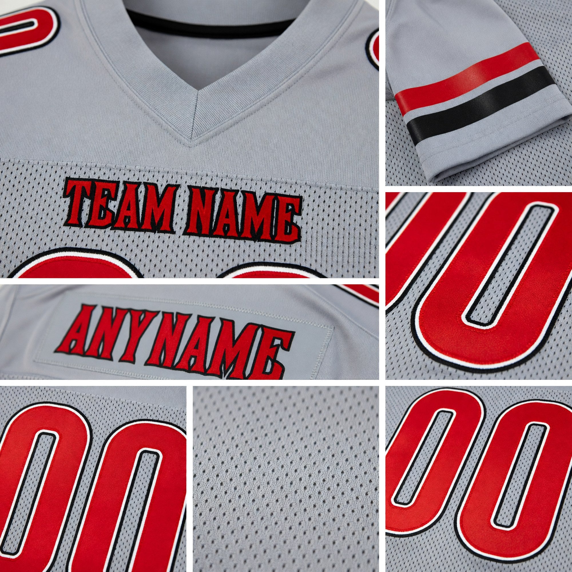 Custom Light Gray Red-Black Mesh Authentic Football Jersey detail