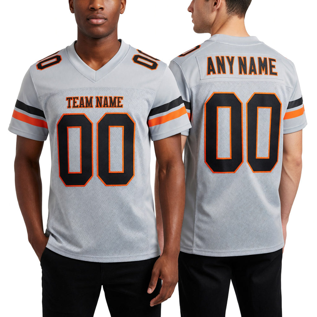 Custom Light Gray Black-Orange Mesh Authentic Football Jersey worn front and back
