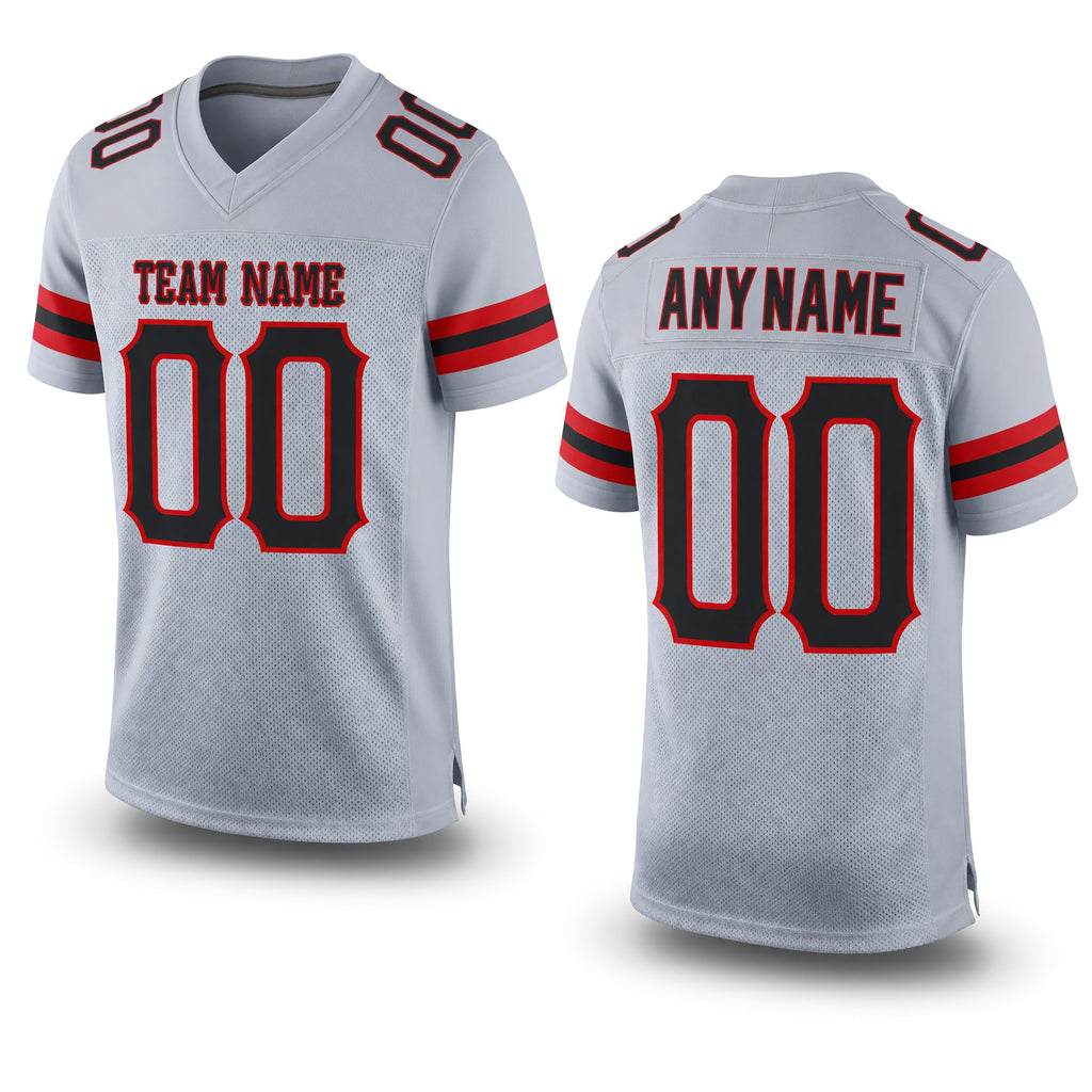 Custom Light Gray Black-Red Mesh Authentic Football Jersey