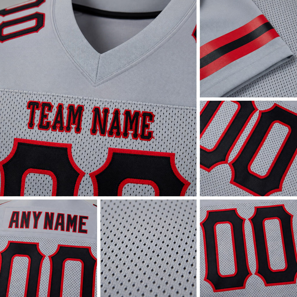 Custom Light Gray Black-Red Mesh Authentic Football Jersey detail