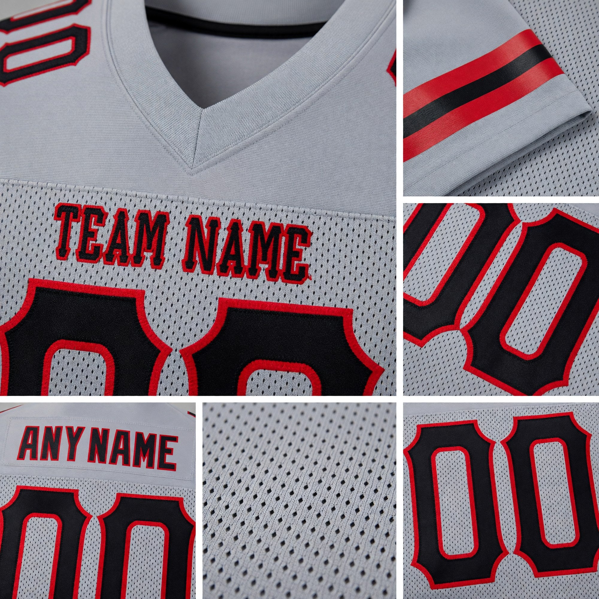 Custom Light Gray Black-Red Mesh Authentic Football Jersey detail