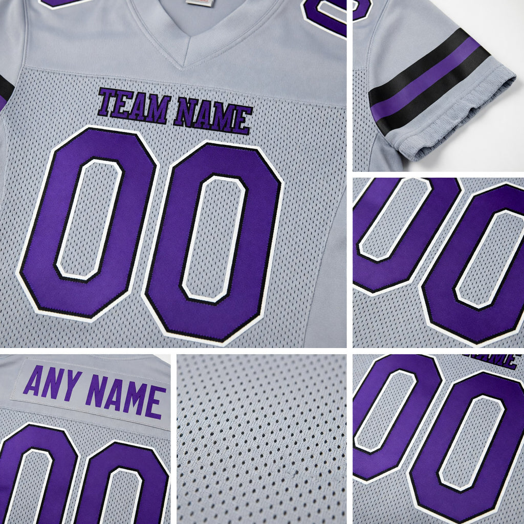 Custom Light Gray Purple-Black Mesh Authentic Football Jersey detail