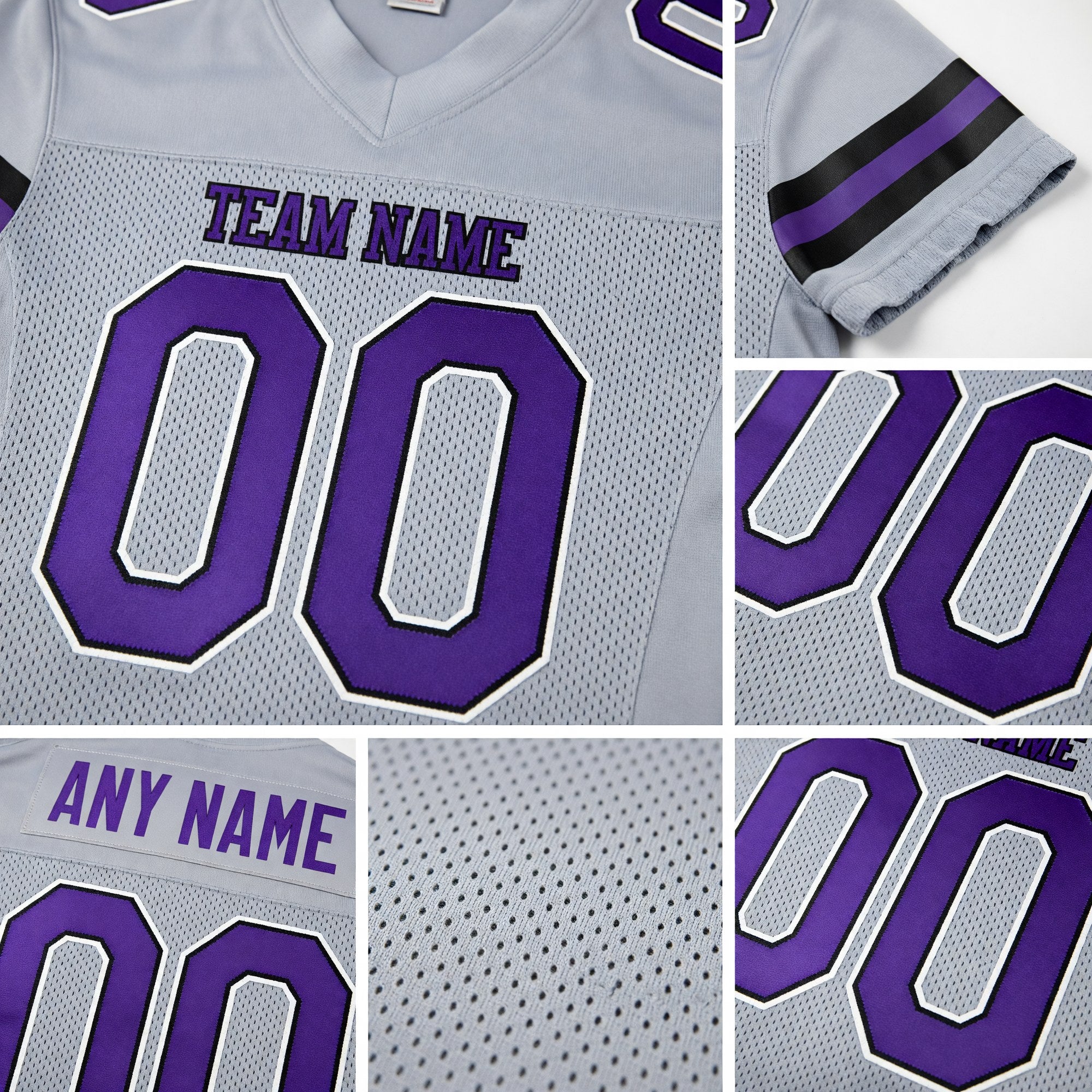 Custom Light Gray Purple-Black Mesh Authentic Football Jersey detail