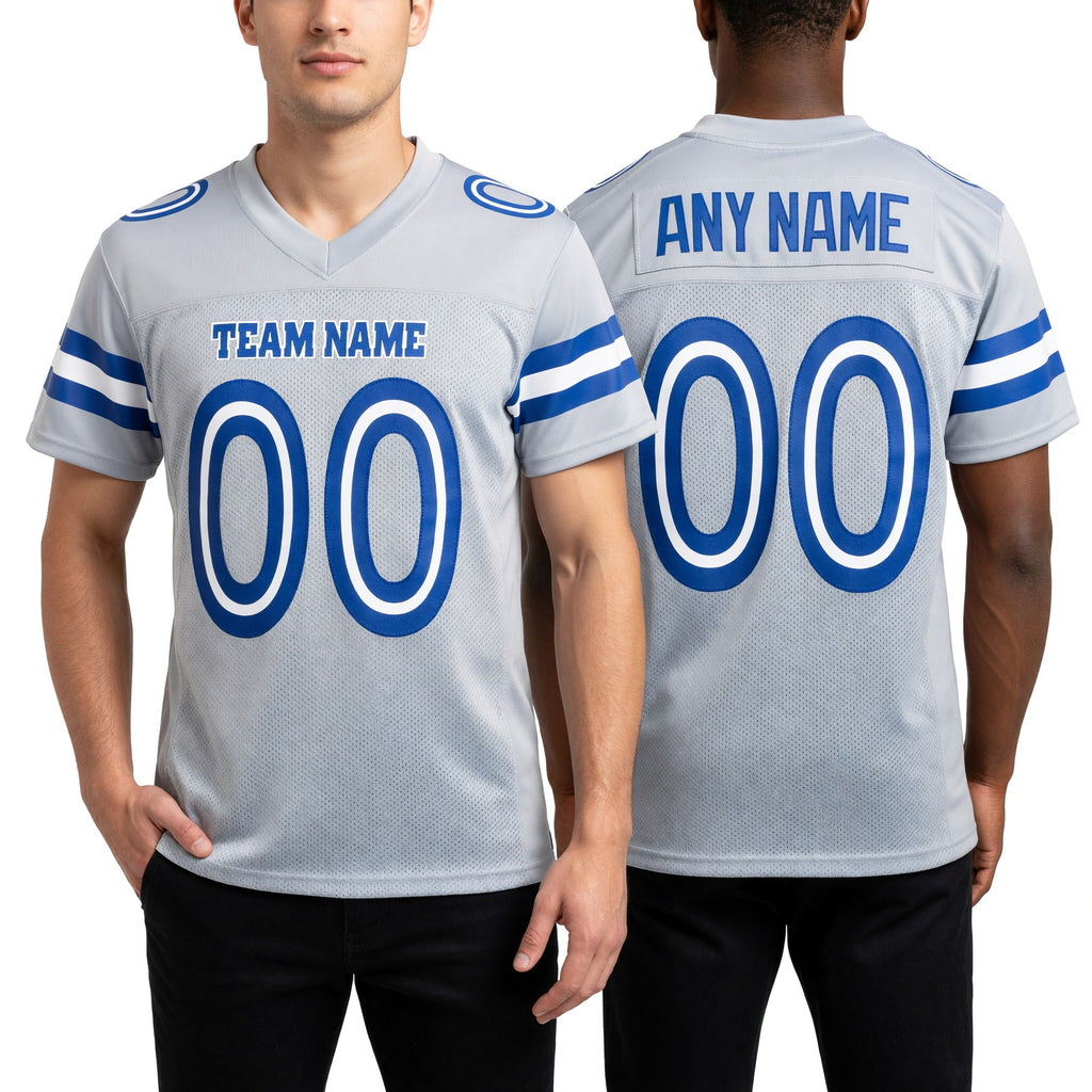 Custom Light Gray White-Royal Mesh Authentic Football Jersey worn front and back