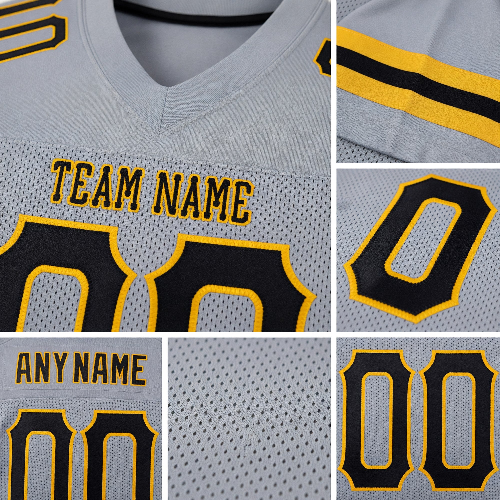 Custom Light Gray Black-Gold Mesh Authentic Football Jersey detail