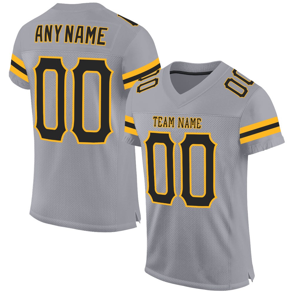 Custom Light Gray Black-Gold Mesh Authentic Football Jersey photo 1