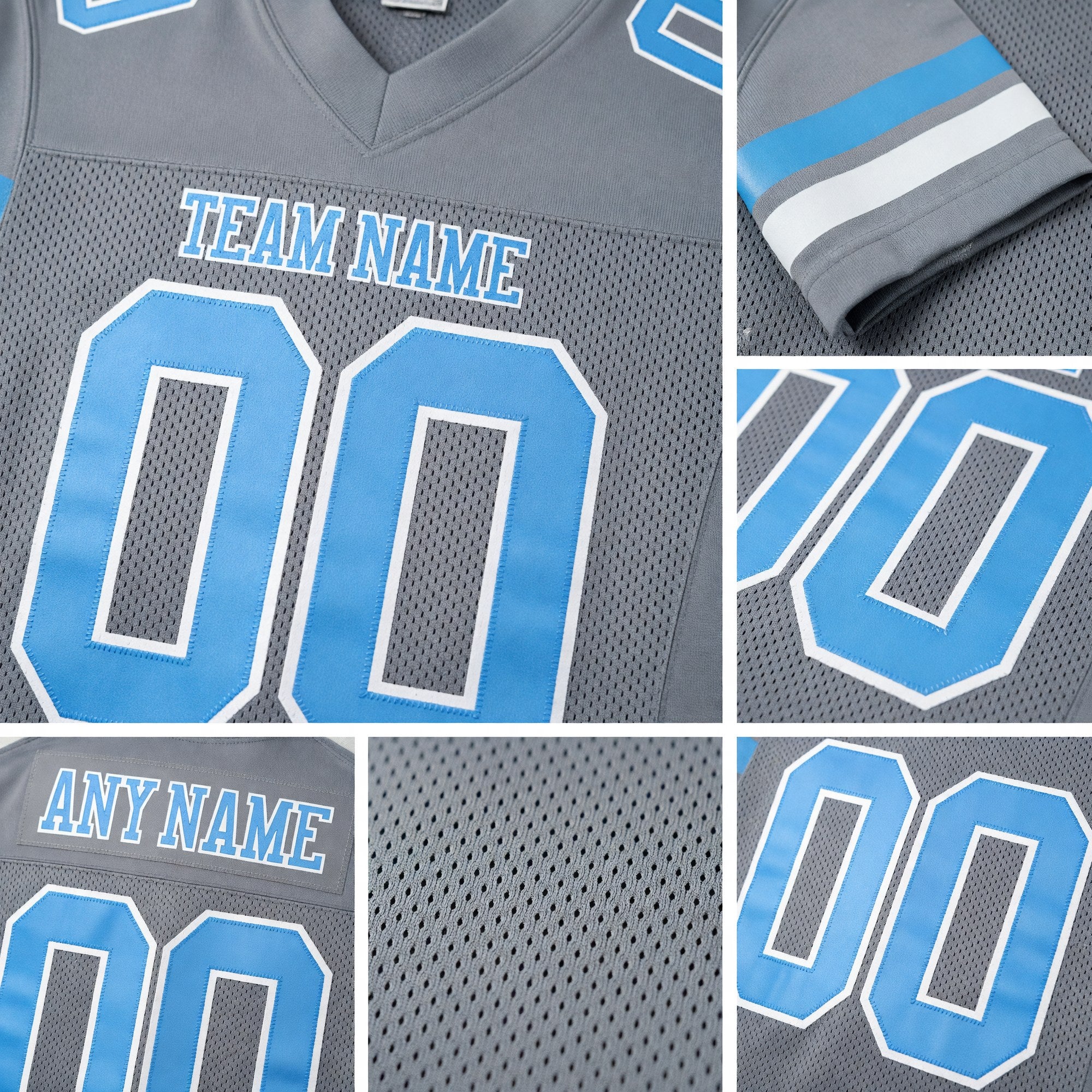 Custom Light Gray Light Blue-White Mesh Authentic Football Jersey detail