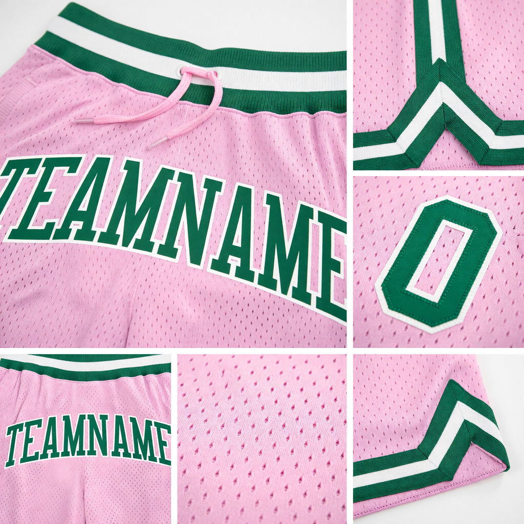 Custom Light Pink Kelly Green-White Authentic Throwback Basketball Shorts detail