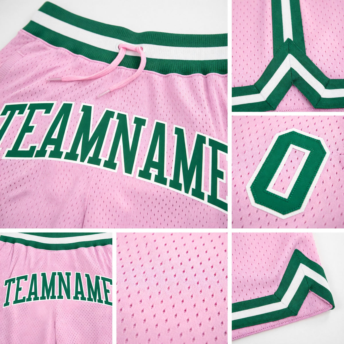 Custom Light Pink Kelly Green-White Authentic Throwback Basketball Shorts detail
