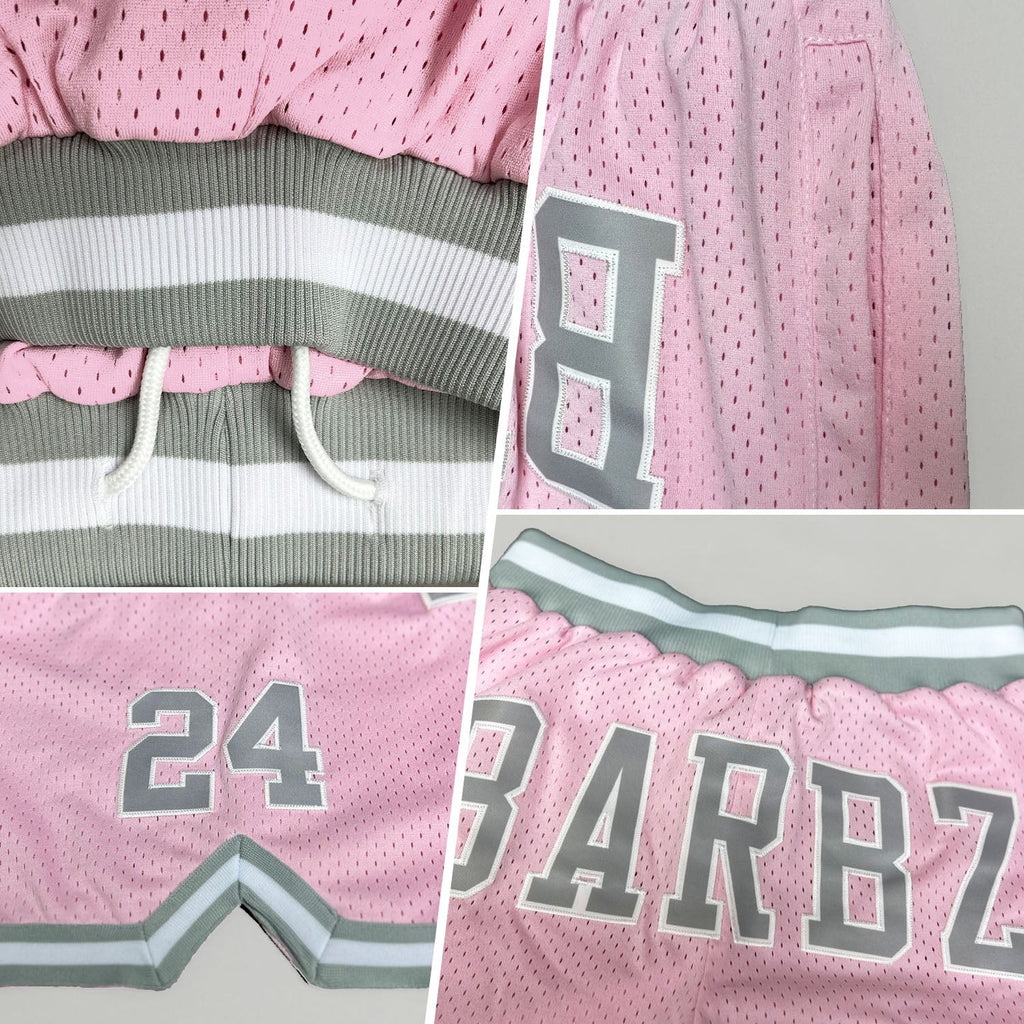 Custom Light Pink Gray-White Authentic Throwback Basketball Shorts photo 2