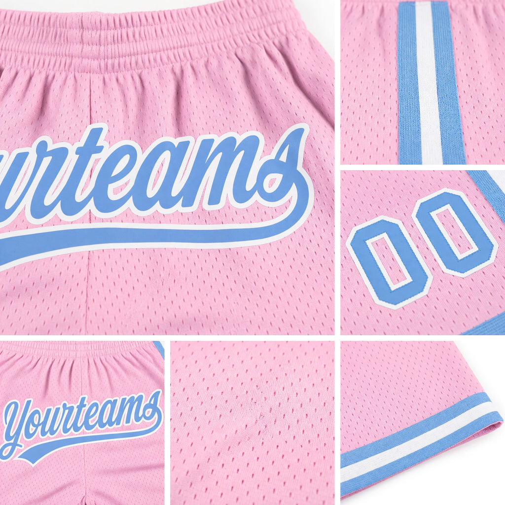 Custom Light Pink Light Blue-White Authentic Throwback Basketball Shorts detail
