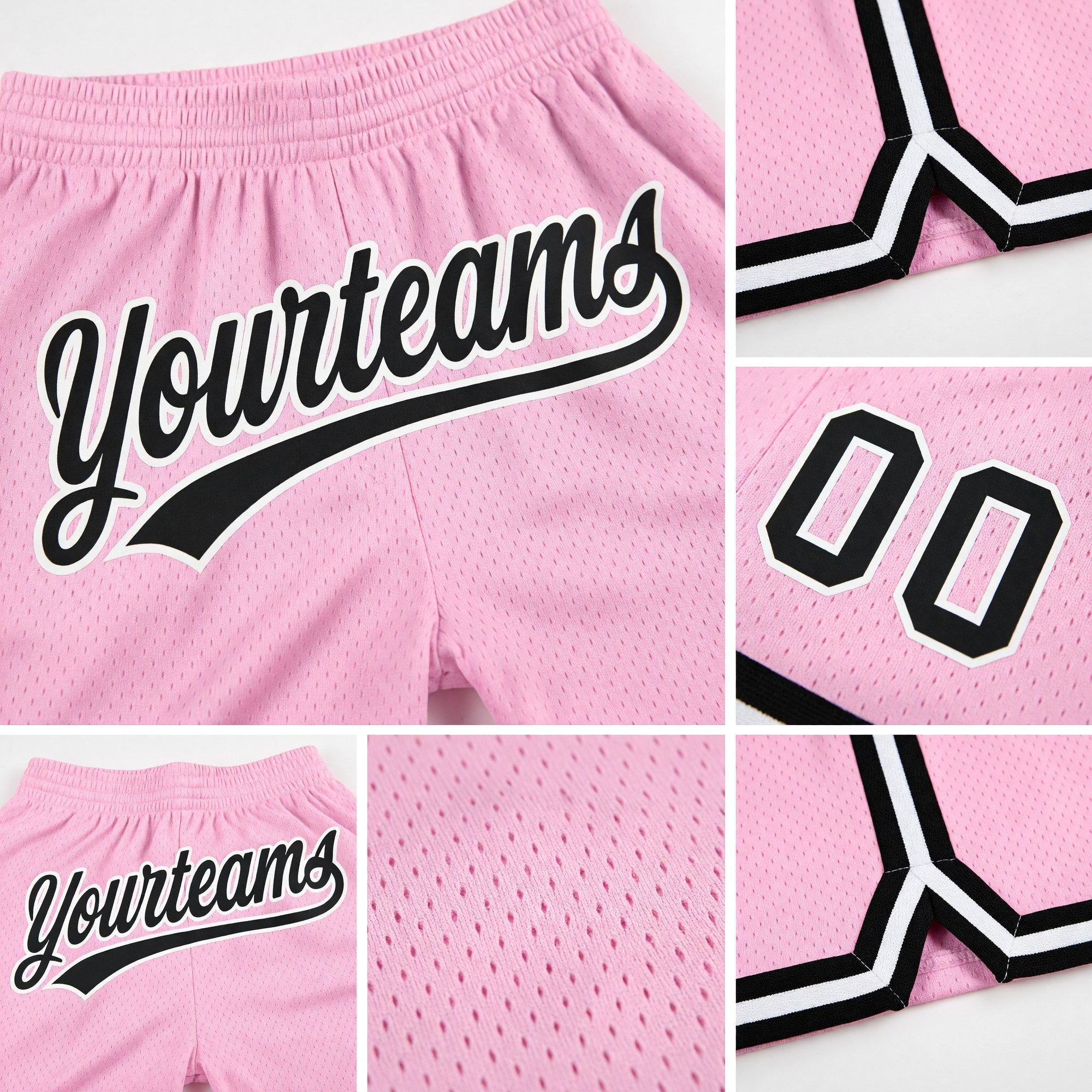 Custom Light Pink Black-White Authentic Throwback Basketball Shorts detail