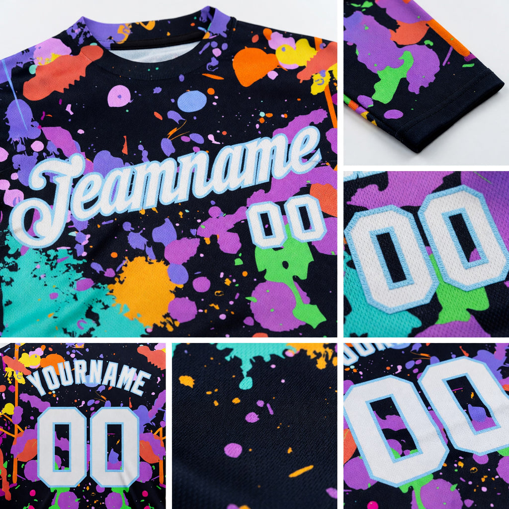 Custom Graffiti Pattern White-Light Blue Splashes 3D Long Sleeve Performance T-Shirt detail