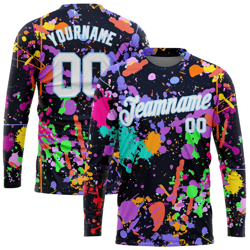 Custom Graffiti Pattern White-Light Blue Splashes 3D Long Sleeve Performance T-Shirt photo 1