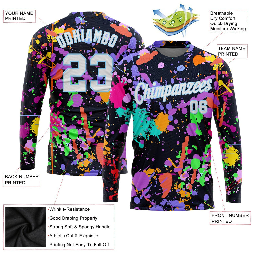 Custom Graffiti Pattern White-Light Blue Splashes 3D Long Sleeve Performance T-Shirt photo 2