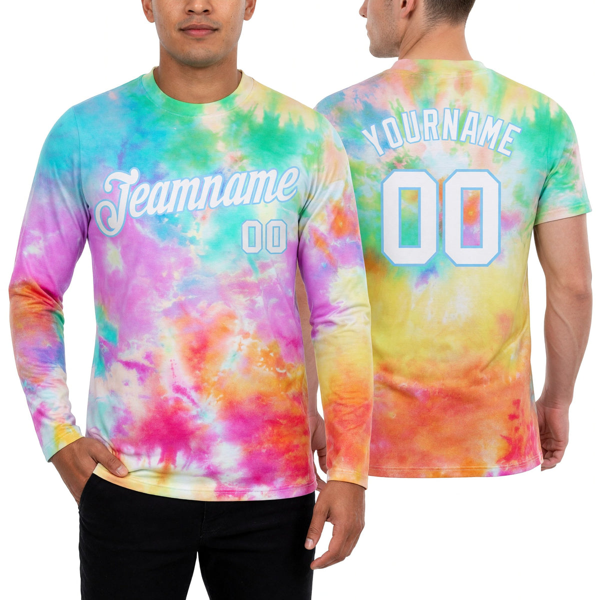 Custom Tie Dye White-Light Blue Rainbow 3D Long Sleeve Performance T-Shirt worn front and back